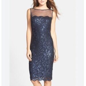 TADASHI SHOJI Tulle Lace Sheath Dress Women 12 Navy‎ Cocktail Wedding Sequin